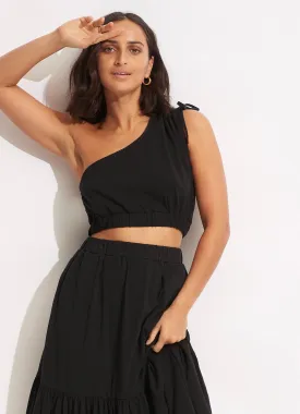 Jersey One Shoulder Crop Top - Black