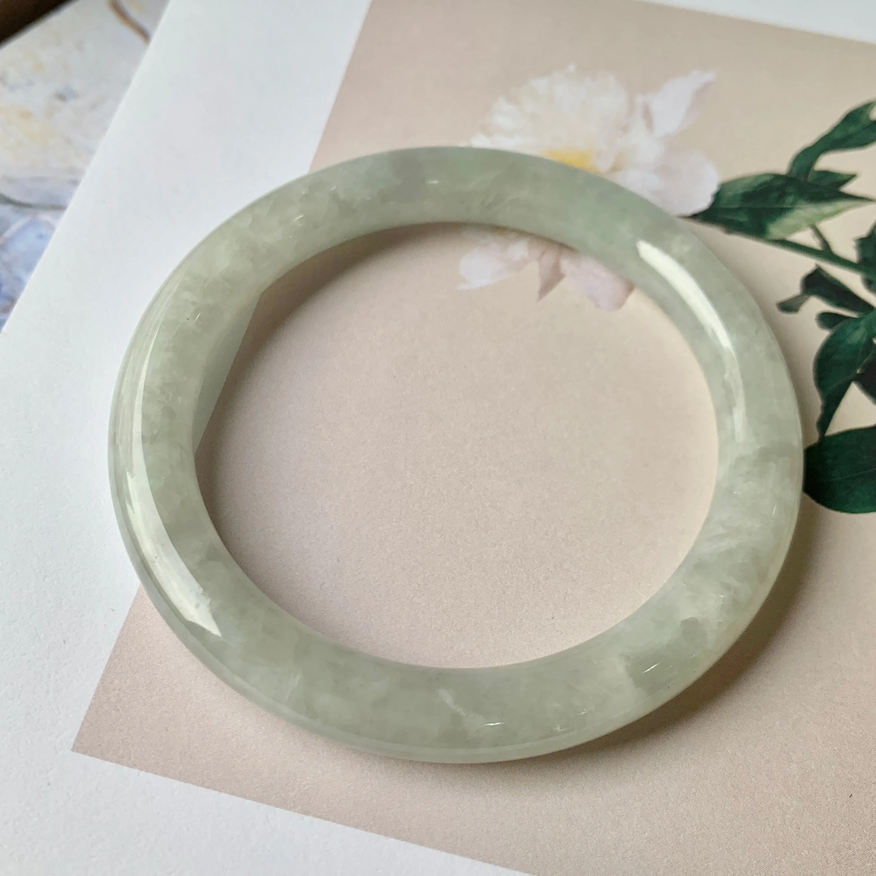 57.1 mm A-Grade Natural Light Green Jadeite Traditional Round Bangle No.151945