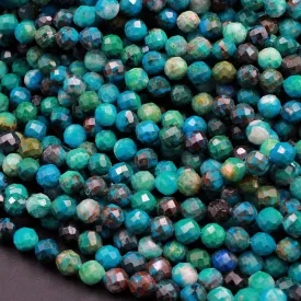 AA Natural Blue Chrysocolla Azurite 3mm 4mm 5mm Faceted Round Bead Laser Diamond Cut Gemstone 15.5" Strand