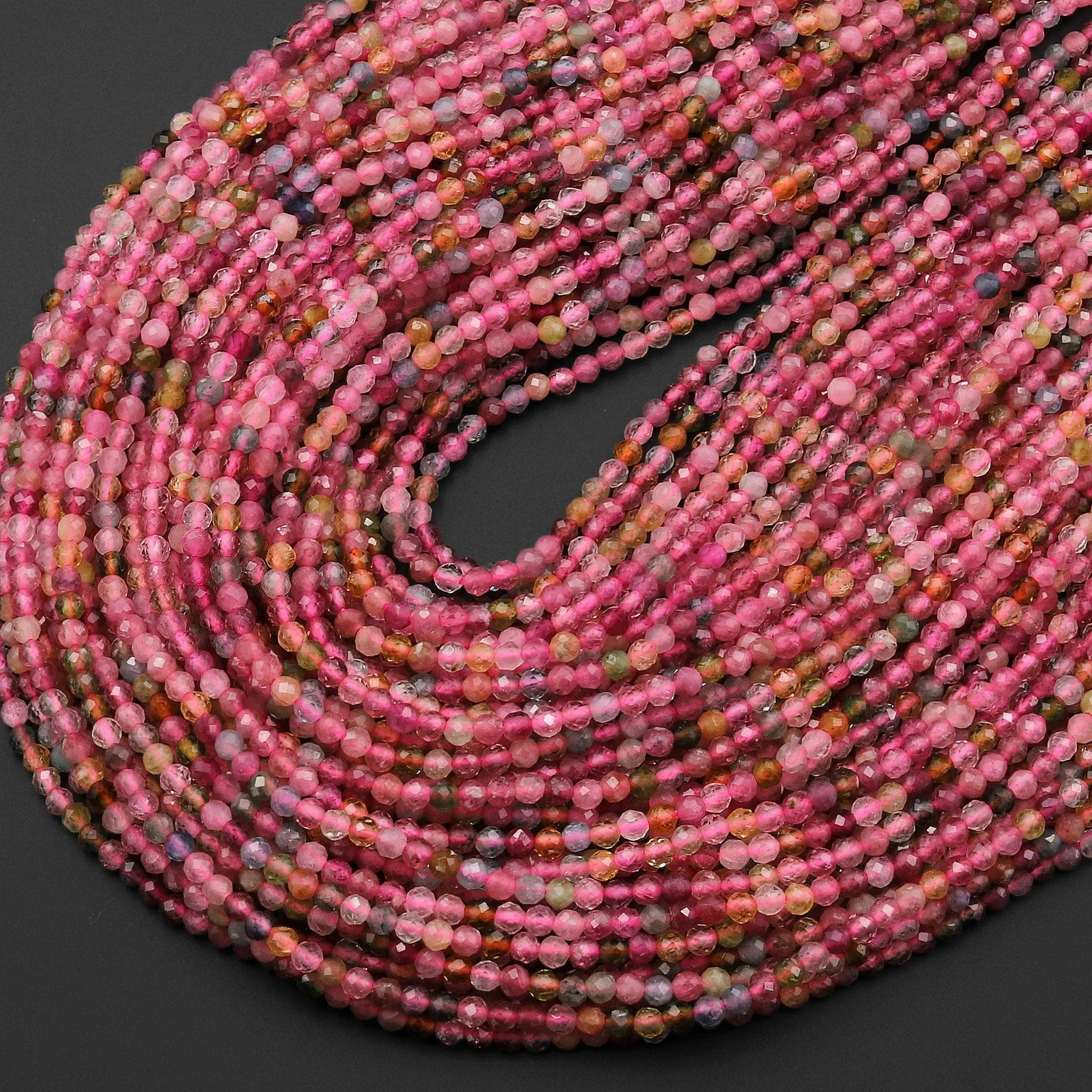 AAA Grade Micro Faceted Natural Pink Tourmaline 2mm Round Beads Tourmaline 15.5" Strand