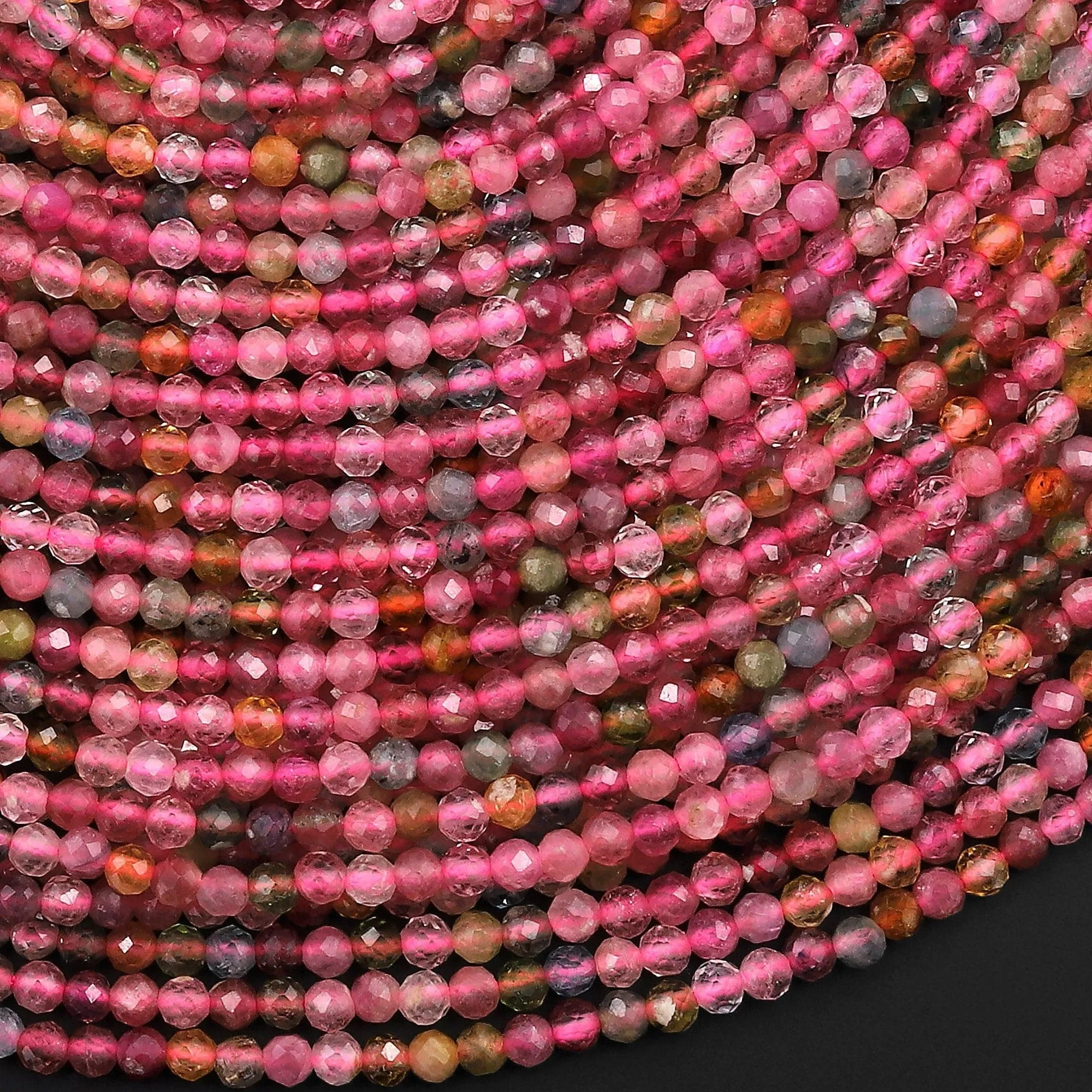 AAA Grade Micro Faceted Natural Pink Tourmaline 2mm Round Beads Tourmaline 15.5" Strand