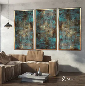 Blue, teal & gold extra large 3 piece wall art made to order in a custom size