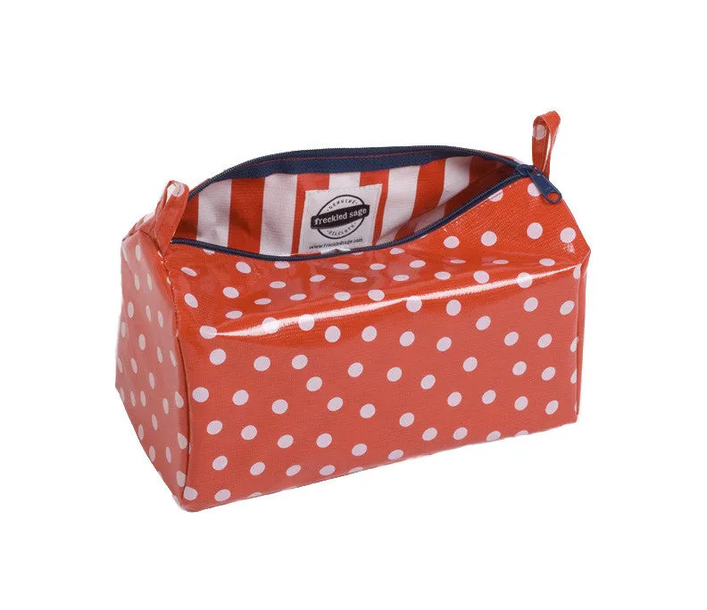 Freckled Sage Oilcloth Travel Bag in White Dots on Red