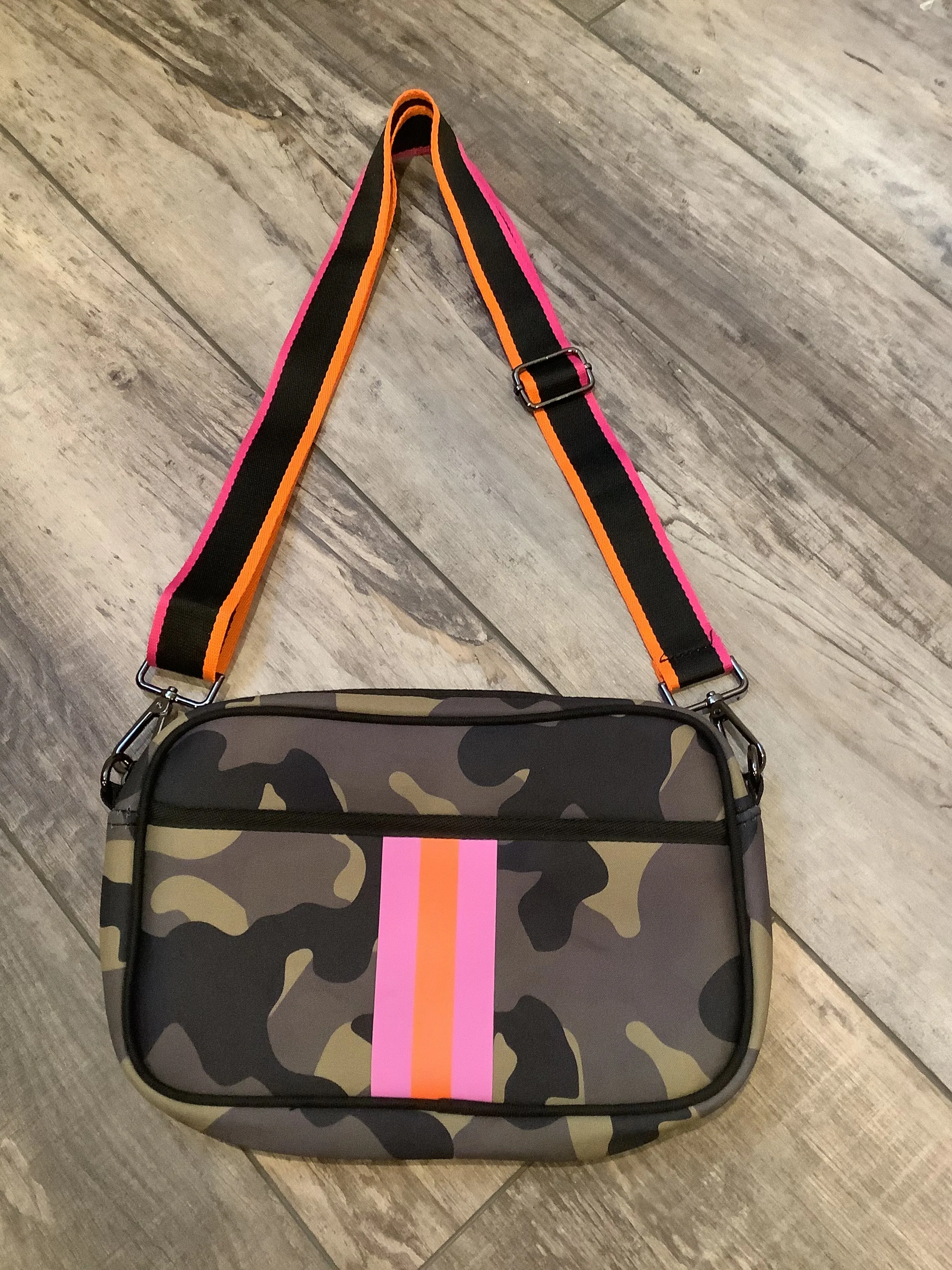 Green Camoflauge with Lavender/Orange Stripe Neoprene Crossbody Bag 💜🧡