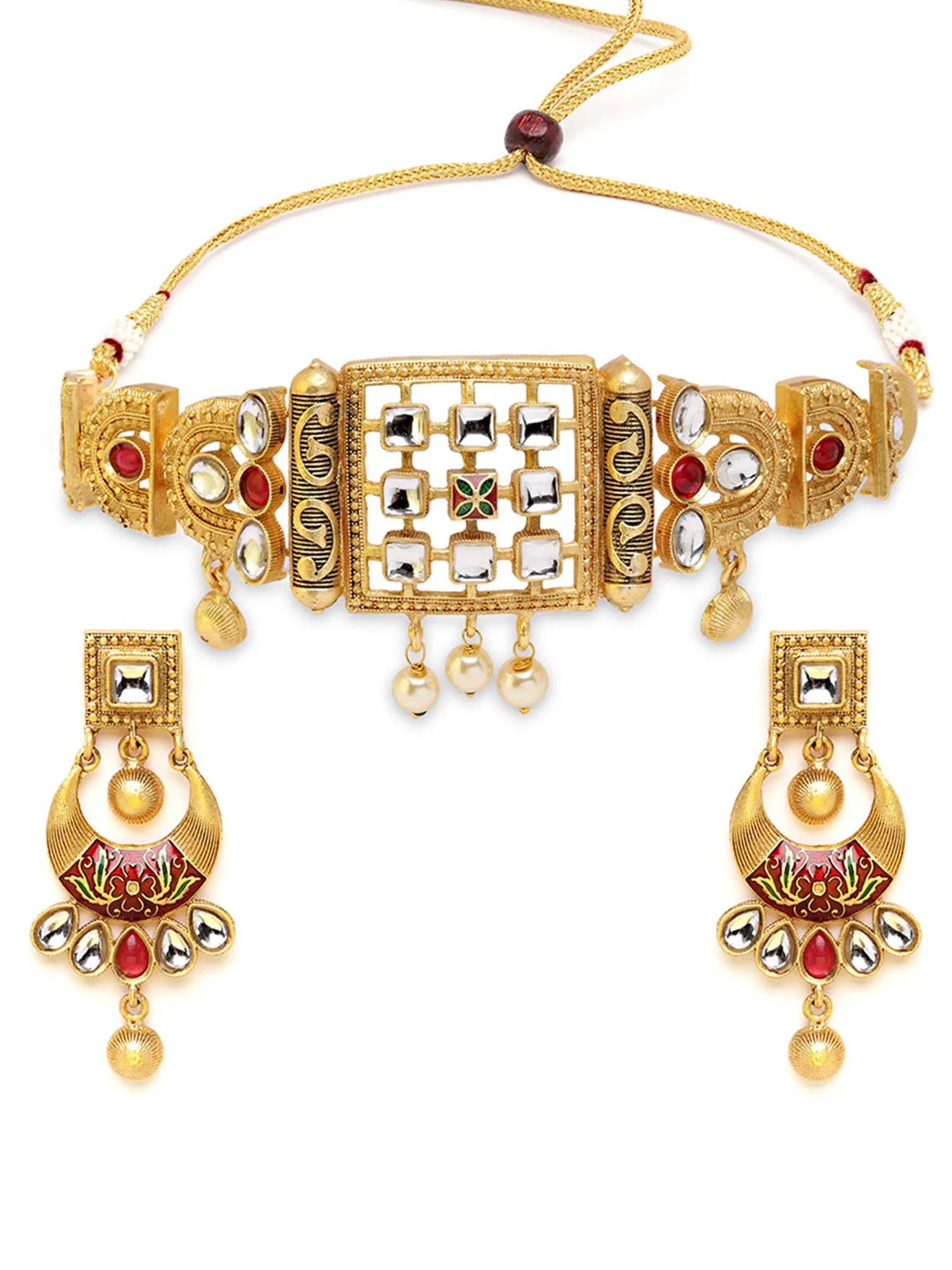 Karatcart Antique Gold Plated Red Meena Choker Necklace with Dangler Earrings for Women