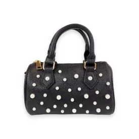 Pearl Studs Black Leather Barrel Bag