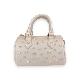 Pearl Studs Cream Leather Barrel Bag