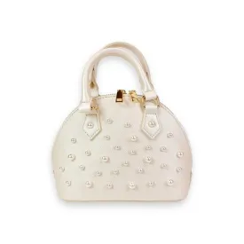 Pearl Studs Cream Leather Satchel Bag