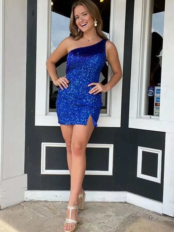 Royal Blue Sheath One Shoulder Sleeveless Short Velvet Sequin Prom Dress (AF1028)