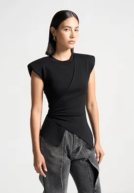 Wide Shoulder Ruched Waist Top - Black